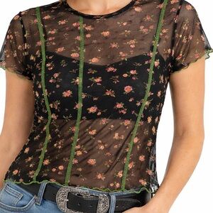 Love Fire Sheer Black Floral Mesh Top with Pink Flowers and Green Stitching
